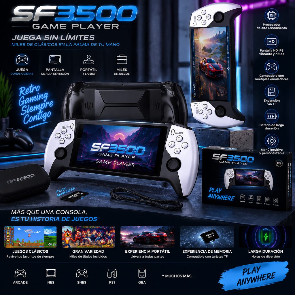 Consola de Videojuegos Retro Portátil SF3500 con Pantalla IPS
