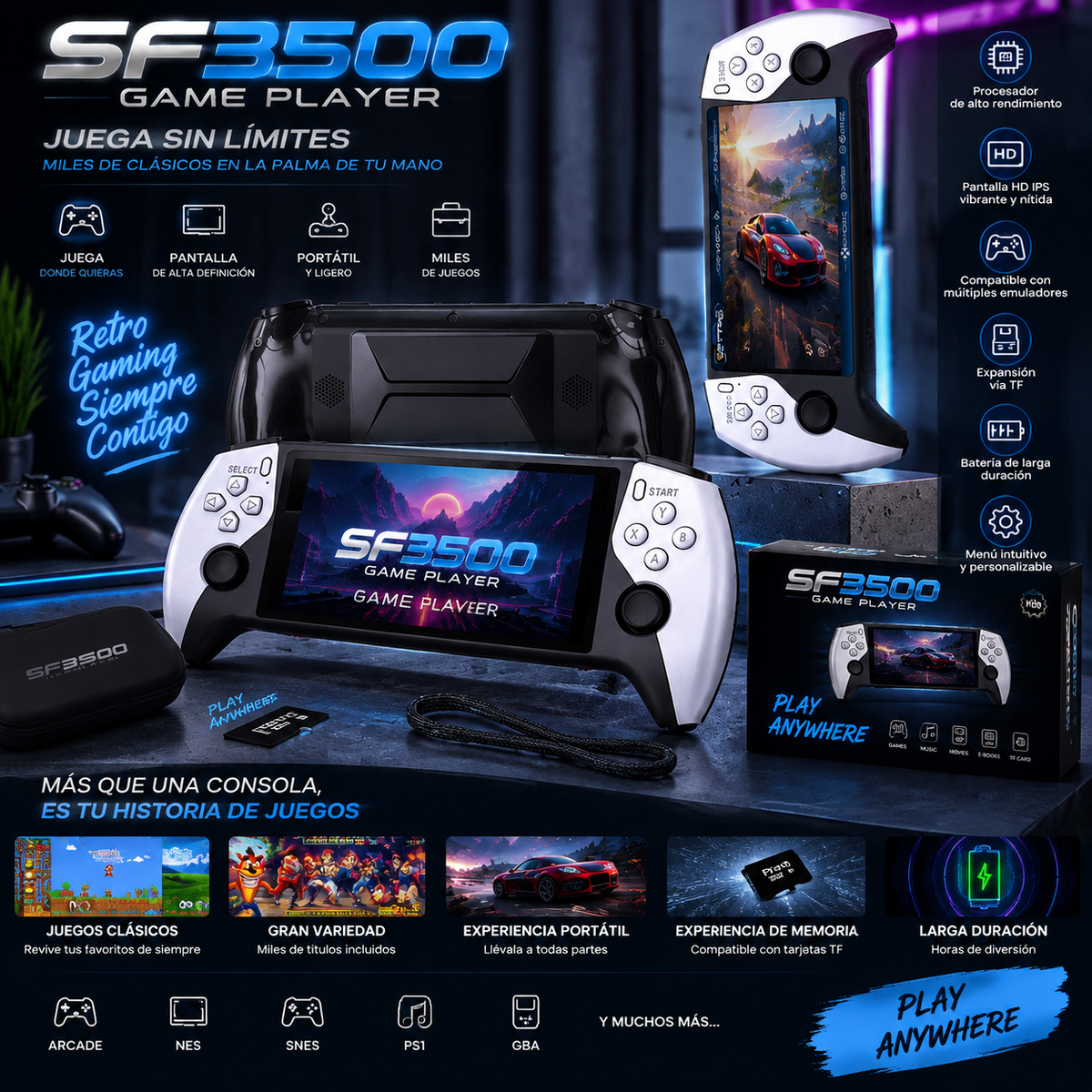 Consola de Videojuegos Retro Portátil SF3500 con Pantalla IPS